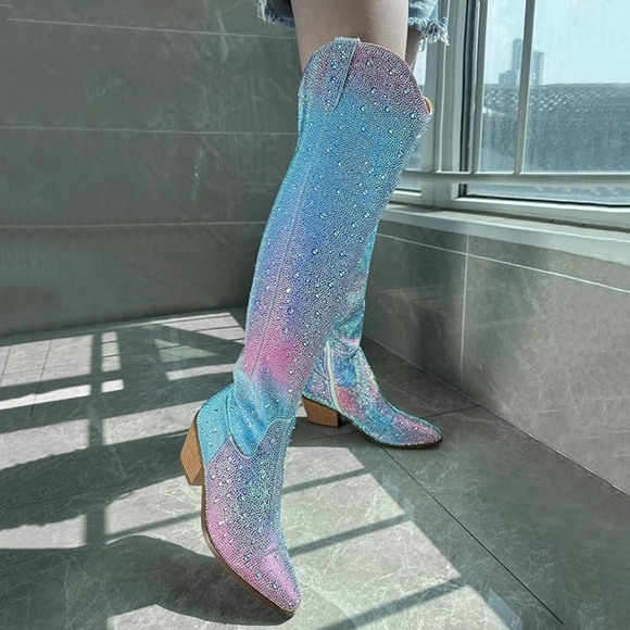 Pastel Rainbow Unicorn Rhinestone Crystal Over The Knee Boots - Picture 4 of 4